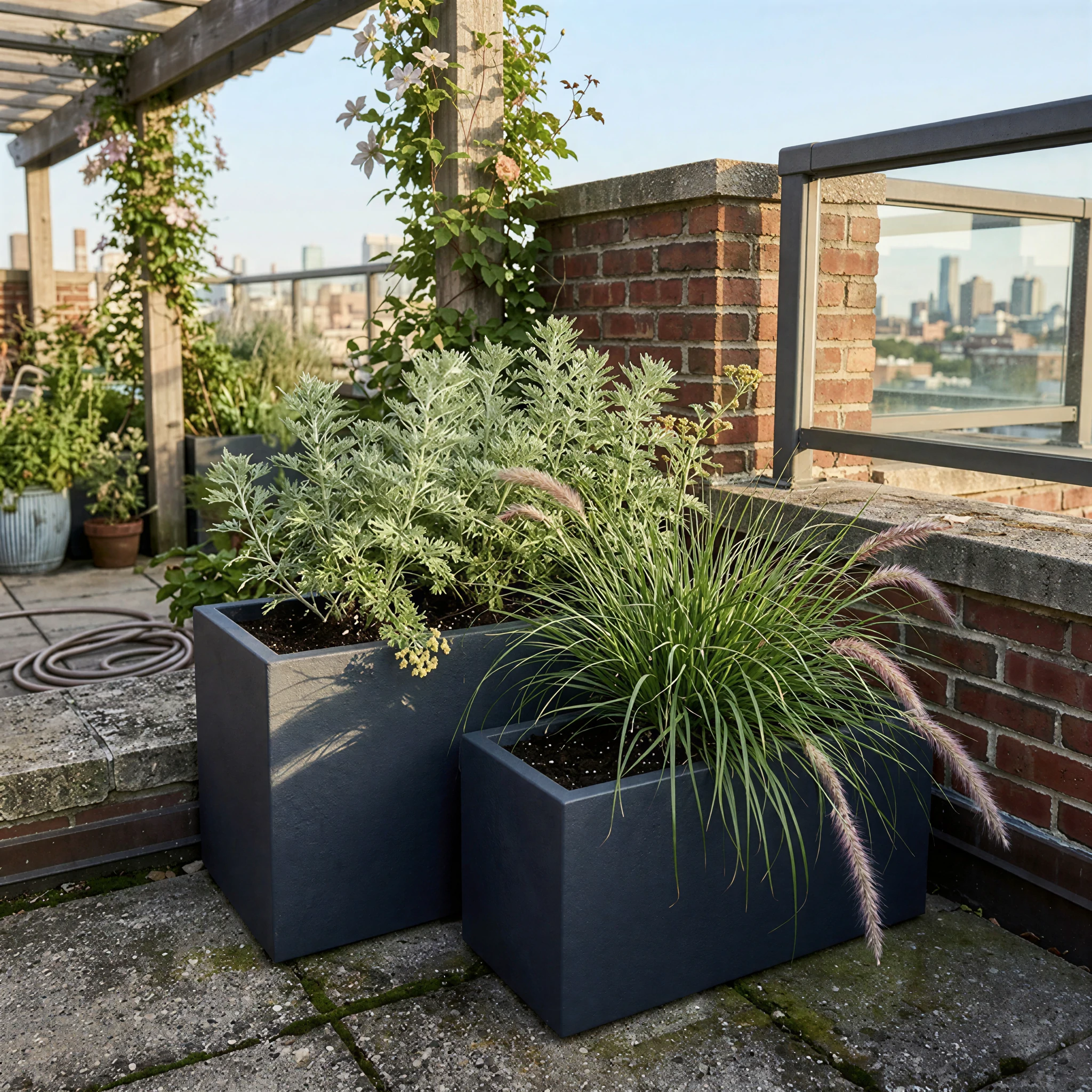 A set of horizontal rectangular GFRC trough planters, styled to create an inviting and warm landscape feature in a high-end residential patio or boutique courtyard setting.